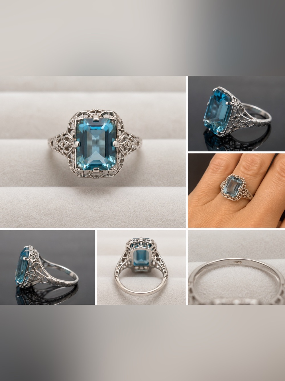Sterling Silver aquamarine Filigree Cocktail Ring